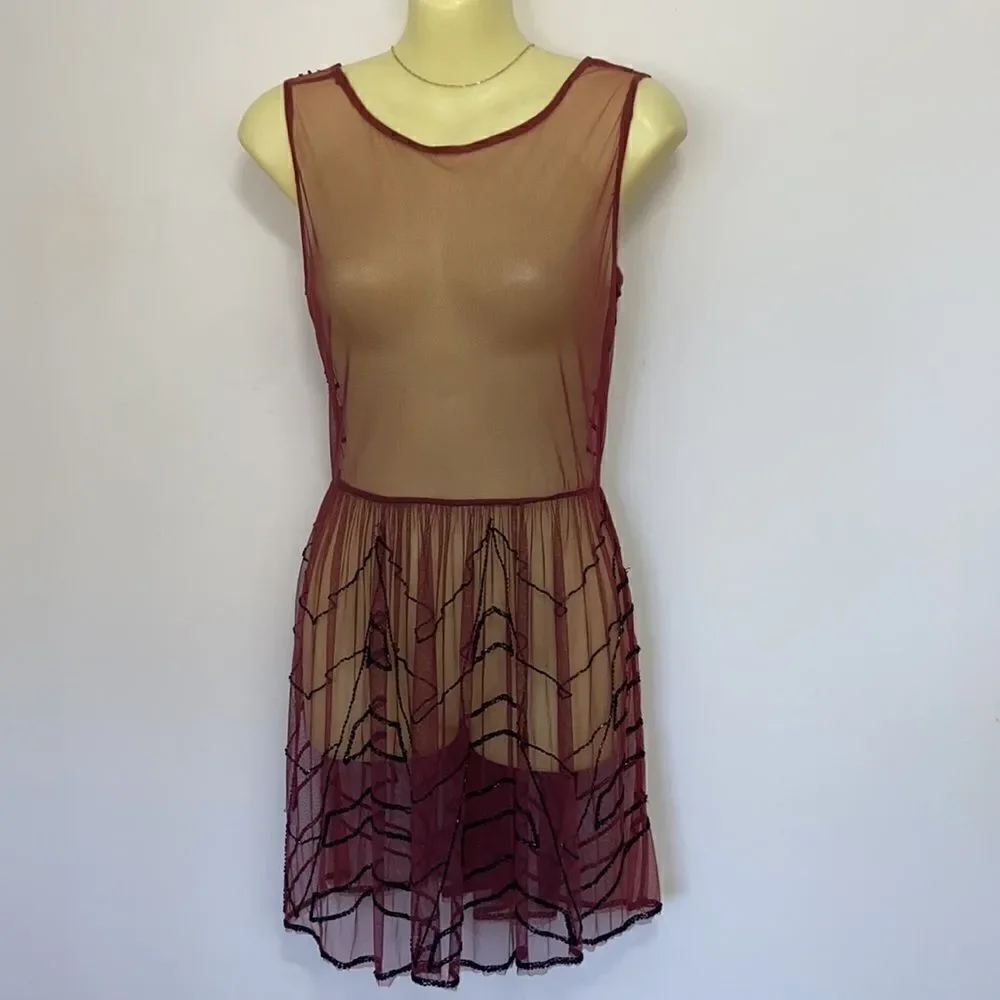 Free People  Dress Wine Mesh Beaded Sheer Net Dress Excellent Size Small